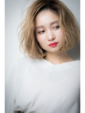 カバーヘア イヴ 戸頭店(COVER HAIR EVE) ハイトーンカラー透明感金髪ワンレンボブパーマv戸頭20代30代