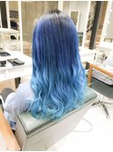 全頭ブルー☆アッシュグレーブリーチグラデーションカラー