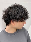 ダークアッシュニュアンスパーマ韓国マッシュベリーショート