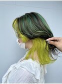 ウルフカット/インナーカラー/ダブルカラー/黄緑