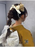 成人式ヘアセット編み下ろしポニーテール金箔ヘアアレンジ和装