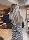 バレイヤージュ、ハイライト、レイヤーロング、グレーベージュ