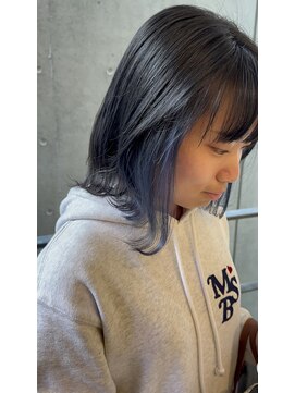 マイラ 銀座(myla) 前髪パーマインナーネイビーグレーベージュくびレイヤーロング