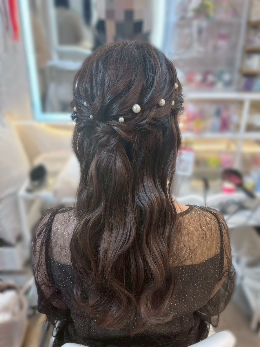 結婚式 二次会 お呼ばれ ゆるふわハーフアップ+パールアクセ