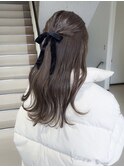 オリーブグレージュ/オリーブベージュ/ハーフアップ/リボン