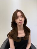 前髪ありくびれヘア夏アプリコットオレンジハイライトカラー