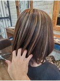 ボブ　ハイライト　小顔　ココアブラウン
