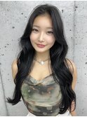 美髪カールブルーブラック韓国ヘアロングセミディ似合わせ前髪