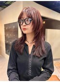 ブリーチなしピンクラベンダーレイヤーカットハッシュカット中西