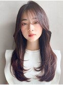 小顔カットシースルーバングハイライトカラー前髪斜めバング