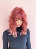 ピンクカラー 暖色カラー レイヤーカット コテ巻き