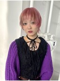 ショートウルフカットハイトーンコーラルピンクデザインカラー