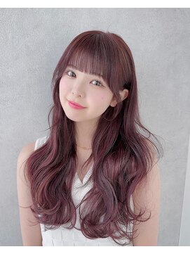 カシュカシュ 表参道(cache cache) シースルーぱっつん前髪おくれ毛ロブミディアムロングピンクヘア