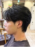 韓国マッシュフェザーパーマニュアンスパーマセンターパート黒髪