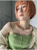 丸みショートボブ◎コーラルオレンジ前髪パッツン20代~50代
