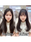 黒髪イメチェンぱっつん前髪小顔顔まわりレイヤーカット