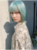 水色カラー/水色ボブ/ハイトーンショート/ブリーチリタッチ