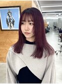 セミロング　暖色カラー　ワインレッド　ブリーチカラー