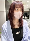 ブラウンレッドアドミオカラー艶ウルフシースルーバング