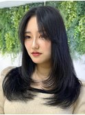 美髪カールブルーブラック韓国レイヤーロングセミディ顔周り前髪