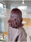 ミディアム ボブ 波巻き ピンクベージュ
