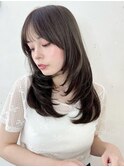 ◎ピンクベージュ前髪イメチェンミディアムレイヤーカット小顔
