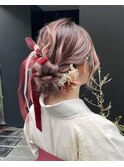 袴ヘア　袴ヘアメイク　水引アレンジ　金箔　振袖ヘア