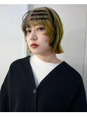 ルーツカラーイエローデザインハイトーン姫カットボブウルフ