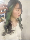 20代30代40代くびれカール韓流インナーカラーミントグリーン