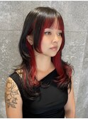 インナーカラー前髪あり姫カットミディアムレイヤーハッシュ