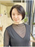 ショートボブ/小顔顔周り/縮毛矯正/黒髪オリーブグレー/西宮北口