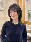 ミディアムウルフ顔まわり姫カットレイヤーブルージュ前髪