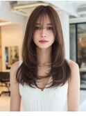 顔周りカットハッシュカットダークブラウンワンホンレイヤー韓国