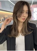 ★韓国ヘアーグレーベージュレイヤーロング前髪パーマ黒髪