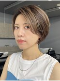 切りっぱなしショート・ボブ/絶壁解消/前髪なし/４0代/30代/丸顔