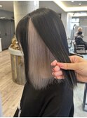 黒髪デザインカラー前髪インナーカラーベージュイヤリングカラー