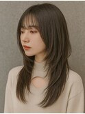 セミロングレイヤー韓国風外巻き前髪あり大人可愛い