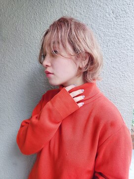 スーハ 恵比寿(SUUHA) ハイトーンピンクオレンジカラー/伸ばしかけくびれボブパーマ