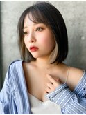 ◯ワンレンボブルフ黒髪ネビージュ小顔ぱっつん前髪ウルフパーマ