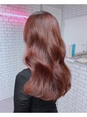 小顔セミウェットウェーブピンクベージュハイライトカラー