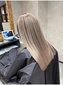バレイヤージュ、ハイライト、レイヤーロング、グレーベージュ