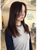 前髪なしミディアロングレイヤー ブリーチなしピンクブラウン