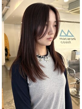 マカロニコースト(macaroni coast) 長め前髪ミディアロングレイヤー ブリーチなしピンクブラウン