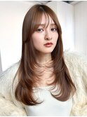 オリーブベージュロング前髪カット顔周りレイヤー_F21245