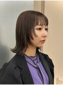 大人可愛い艶カラーカーキベージュブラウンミディアムウルフYUKI