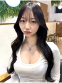 美髪カールブルーブラック韓国レイヤーロングセミディ顔周り前髪