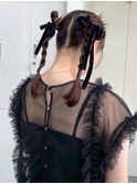 ツインテール　編みおろしツイン　リボンアレンジ　お呼ばれ