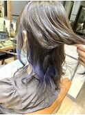 ブリーチ2回のインナーカラー☆くすみブルー☆