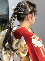 【成人式ヘアセット】タイトポ二ー×金箔×水引アレンジ