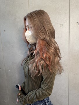 レオクマ(REOKUMA) インナーカラー/ミルクティーベージュ&オレンジ/ロング/ブリーチ